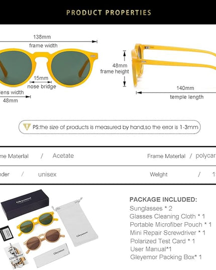 Gleyemor Vintage Polarized Sunglasses for Men Round Sunglasses UV400 Protection Retro Hand-crafted Acetate Frame