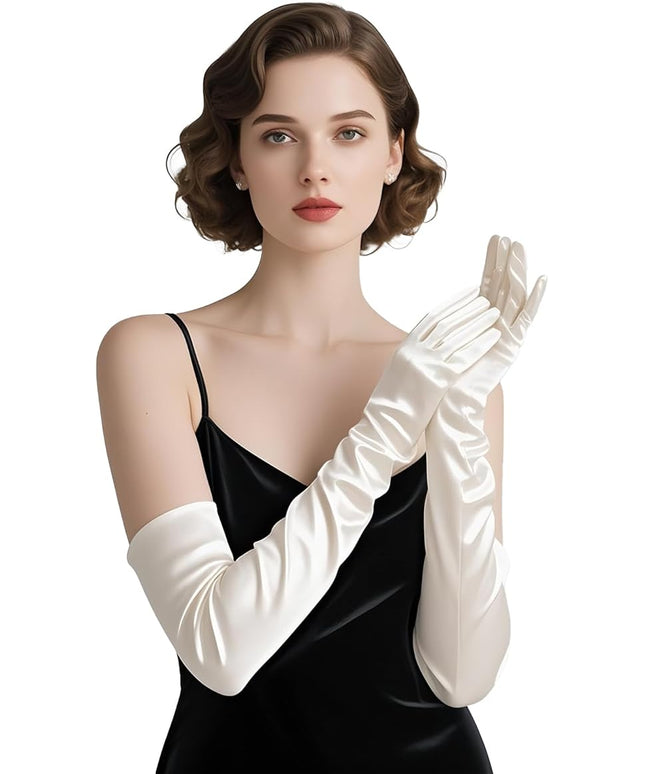 THARAHT Women Long Gloves with Satin Elbow Length for 1920s Opera Tea Party Costumes Bridal Evening Dress