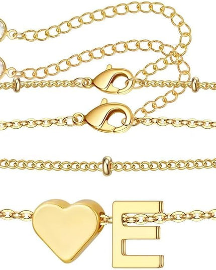 M MOOHAM Valentines Day Gifts for Kids Teen Girls -14K-Gold-Plated Heart Initial A-Z Bracelets for Women Girl Dainty Gold Bracelets Birthday Valentines Gifts for Women Her Teenage Girls Kid Teen Gift
