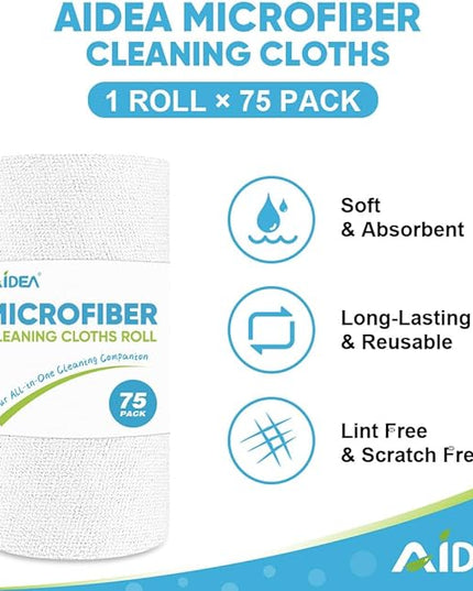 AIDEA Microfiber Cleaning Cloth Roll White, 75PK, Microfiber Towels for Cars, Tear Away Reusable Paper Towels, Commercial Shop Rags, Lint Free Rags for House, Kitchen, Automotive, 11.5"×11.5"