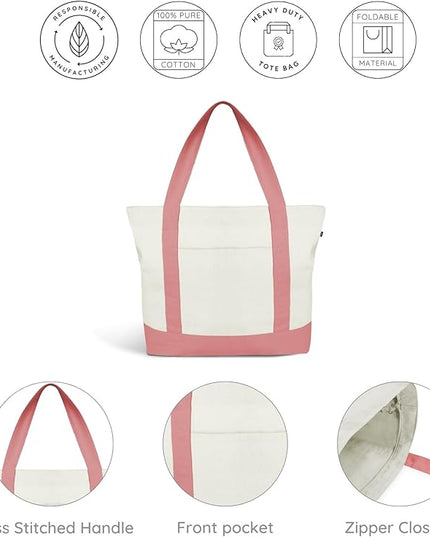 Eco Right Canvas Tote Bag for Women with Zip & Inner Pocket, 100% Organic Cotton Tote Bags for Men, Shopping, Beach