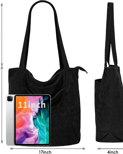 Iioscre Corduroy Tote Bag for Women,Hobo HandBags with Zipper,Large Capacity Casual Shoulder Handbags with Inner Pockets