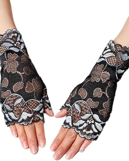 Women's Short Lace Gloves Fingerless for Driving Wedding Wrist Length Bridal Prom Gloves