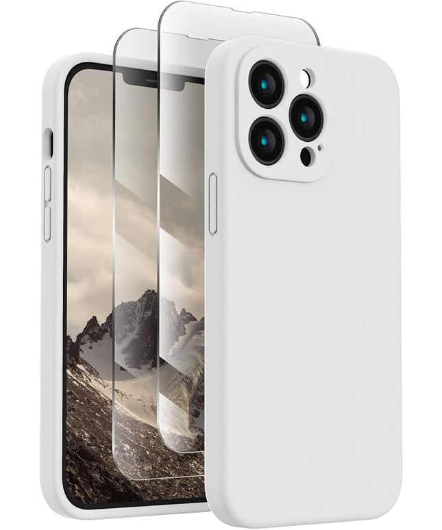 FireNova Designed for iPhone 13 Pro Max Case, Silicone [Camera Protection] Phone Case with [2 Screen Protectors], Soft Anti-Scratch Microfiber Lining Inside, 6.7 inch, White