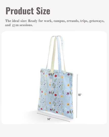 Floral Cotton Canvas Tote Bag for Women: 14x15 Inches Reusable Grocery Bag for Work, School, Travel, Gym