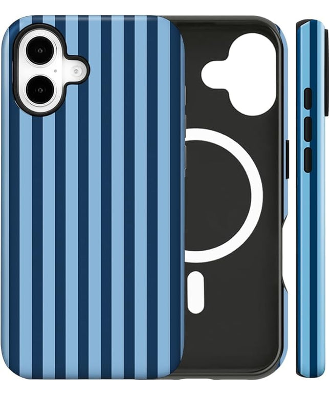 Magnetic for iPhone 17 Case Cute Stripes Phone Case, Shockproof Slim TPU and Hard PC Protective Phone Cover Compatible with MagSafe Designed for Women Girls, Lake Blue