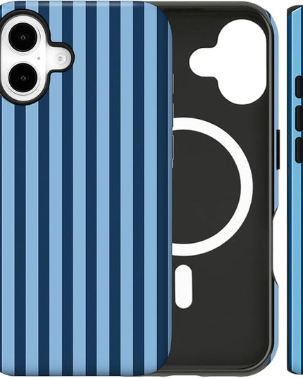 Magnetic for iPhone 16 Plus Case Cute Stripes Phone Case, Shockproof Slim TPU and Hard PC Protective Phone Cover Compatible with MagSafe Designed for Women Girls, Lake Blue
