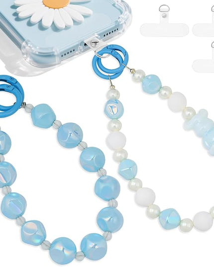 2 Pcs Phone Charm Wrist Strap with Tether Tab, Double Anti Lost Cute Beaded Wrist Lanyard, Detachable Transparent Phone Charms for Bag, Key Chains, Camera Decor
