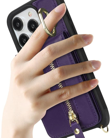 for iPhone 15 Pro Wallet Case with Card Holder, for iPhone 15 Pro Case Wallet with Strap Credit Card Slot, Crossbody Bag with Zipper Case for iPhone15 Pro - Purple
