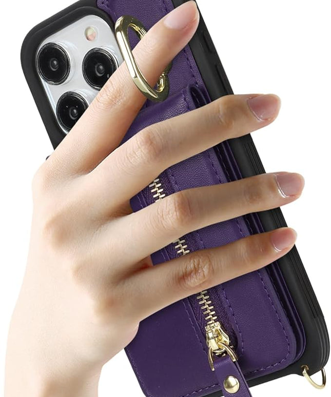 for iPhone 15 Pro Max Wallet Case with Card Holder, for iPhone 15 Pro Max Case Wallet with Strap Credit Card Slot, Crossbody Bag with Zipper Case for iPhone15 Pro Max - Purple