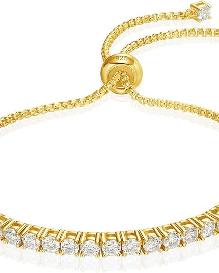 LOVE&LOVE Moissanite Tennis Bracelet for Women, Adjustable 18K Gold Plated 925 Sterling Silver Bracelet, 3/4mm D VVS1 Round Cut, Luxury Jewelry Gift for Wife Mom Girlfriend Birthday Anniversary