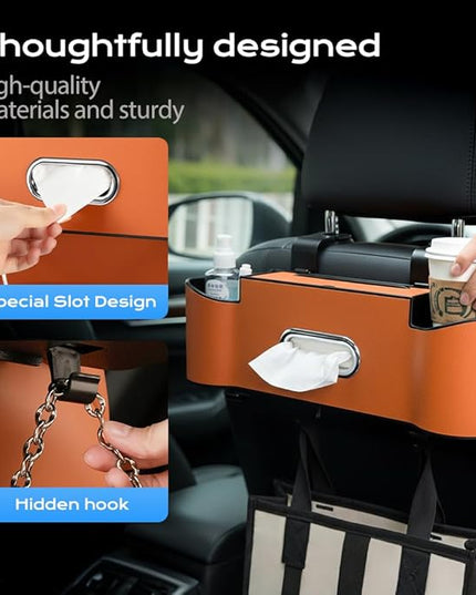 3-in-1 Car Backseat Organizer, 2026 New Multifunctional Back Seat Car Organizer with Cup Holder, Tissue Box, Trash Bin & Hooks for Hold Phones, Snacks, Drinks, Handbags (2, Orange)