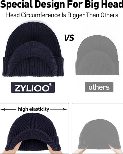 Zylioo Oversize Beanie Hats, XXL Big Size Ribbed Knit Cuffed Winter Hat for Cold Weather, Warm Skull Watch Cap