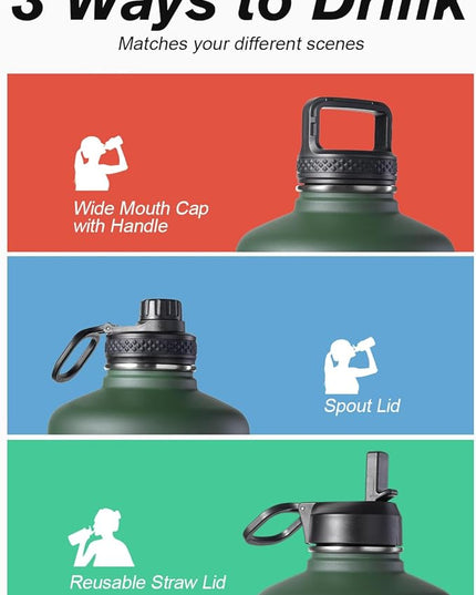 Half Gallon Water Bottle Insulated with Straw & 3 Lids, Coolflask 64 oz Water Jug Large Metal Stainless Steel Wide Mouth for Sports, Gym or Office, Non-BPA Keep Cold 48H Hot 24H, Dark Green