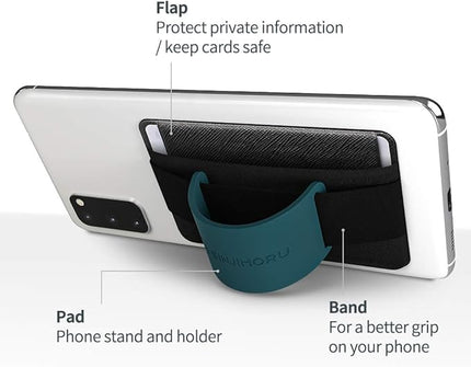 Sinjimoru Phone Grip Card Holder with Phone Stand, Secure Stick on Wallet for iPhone with Kickstand for Table. Sinji Pouch B-Grip Black