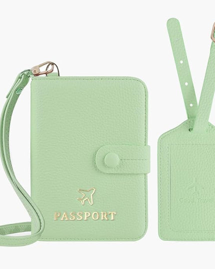 Passport Holder RFID Protected Wallet and Luggage Tag with Protection Cover Travel Accessories Leather Card Case Organizer for Women Men (Green)