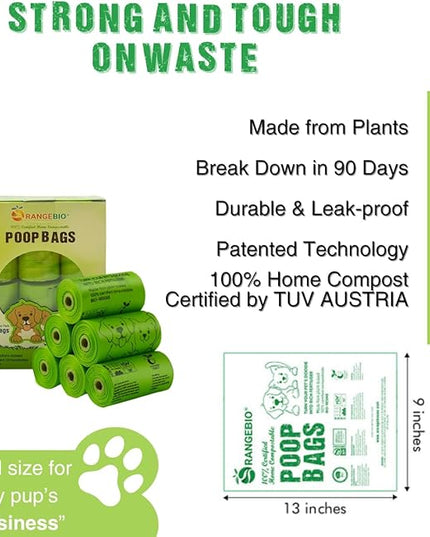 OrangeBio Dog Poop Bags, 100% Certified Home Compostable, 13 x 9 Inches - 180 Count (15 Bags per Roll, 12 Rolls), OK Compost Home