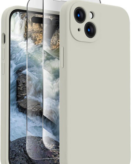 FireNova Designed for iPhone 15 Plus Case, Silicone [Camera Protection] Case with [2 Screen Protectors], Soft Anti-Scratch Microfiber Lining Inside, 6.7 inch, Stone