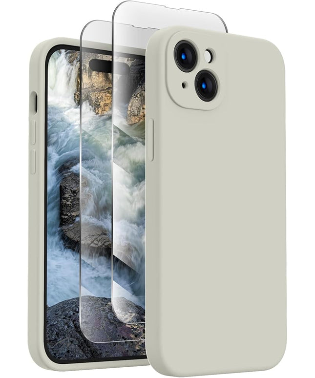 FireNova Designed for iPhone 15 Plus Case, Silicone [Camera Protection] Case with [2 Screen Protectors], Soft Anti-Scratch Microfiber Lining Inside, 6.7 inch, Stone
