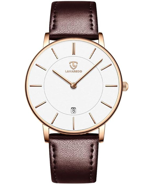L LAVAREDO Watch for Men, Extremely Thin Mens Watches Minimalist Analog Men's Leather Wrist Watches with Time/Date, Birthday Gift for Men Boyfriend