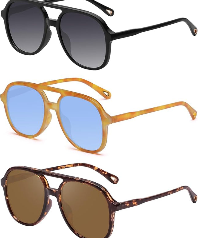 YDAOWKN Retro Square Aviator Sunglasses for Womens Mens Vintage 70s Double Bridge Sun Glasses
