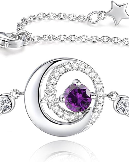 FANCIME Birthstone Bracelets 925 Sterling Silver Moon and Star Bangle Charm Bracelet Fine Jewelry Birthday Anniversary Christmas Day Gift for Her Women, Adjustable Chain 6.7"+1.2" Extend