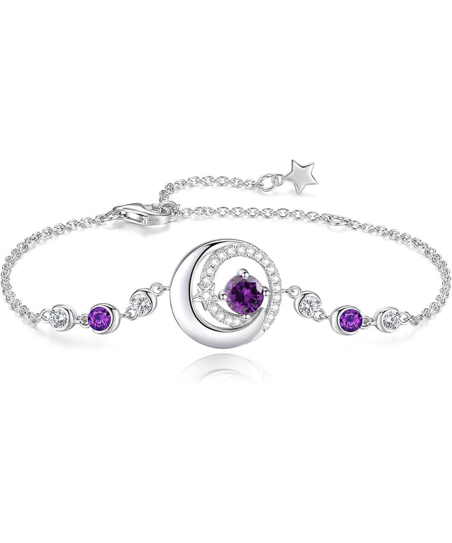 FANCIME Birthstone Bracelets 925 Sterling Silver Moon and Star Bangle Charm Bracelet Fine Jewelry Birthday Anniversary Christmas Day Gift for Her Women, Adjustable Chain 6.7"+1.2" Extend