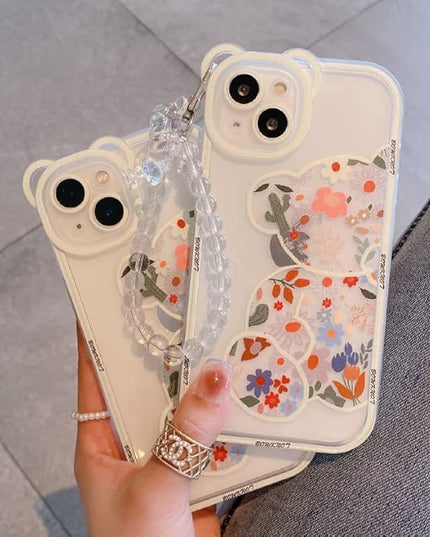 iPhone 14 Case - Clear Cute Flower Bear with Pearl Chain for Girls - Soft TPU Shockproof Protective - Girly - Flower Bear