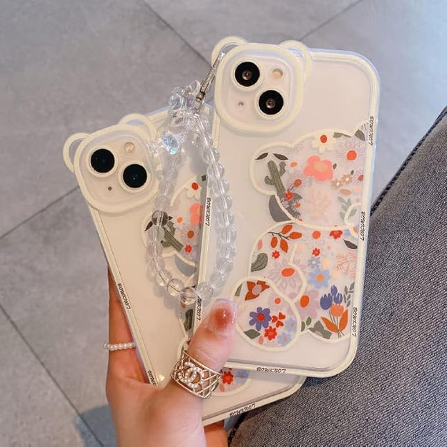 iPhone 11 Pro Max Case - Clear Cute Flower Bear with Pearl Chain for Girls - White - Slim Silicone Shockproof Protective Case