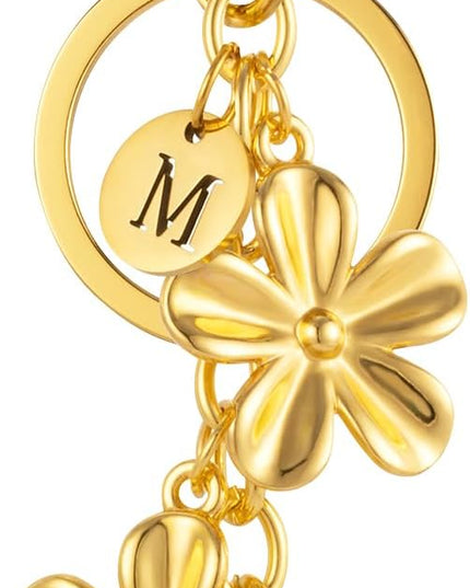 XGALBLA Gold/Silver Initial Keychain Flower Charms for Key Cute Letter Keyring for Purse Handbag Backpack