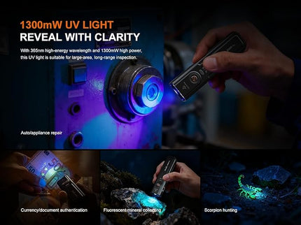 Fenix E06R Pro 1600 Lumens 4-in-1 EDC Flashlight with UV Light, Red Beam, Spotlight/Floodlight, Rechargeable, Flat Shape for Everyday Carry & Outdoor with Lumentac Organizer (Orange)