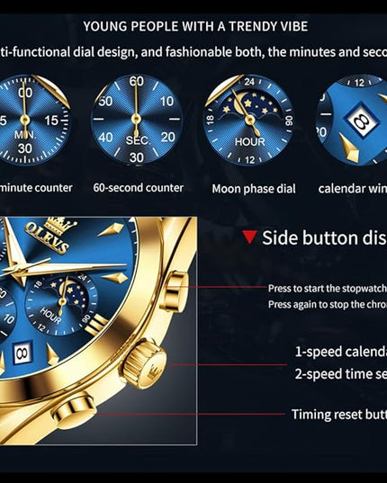 OLEVS Men's Watches Leather Strap Analog Quartz Watch, Fashion Big Dial Date Waterproof Watch, Dress Luxury Luminous Men Watches