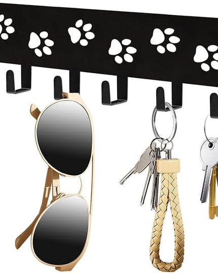 Key Hooks Key Holder Decorative Dog Leash Holder for Wall, 6 Hooks 9.75×2.73 inch for Wall Decorative Animal Storage Rack Adhesive, Black Hooks for Entrance Living Room Kitchen-Gifts for Dog Lovers