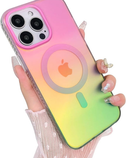 Aesthetic Case for iPhone 14 Pro Case for Women Girls, Compatible with Magsafe, Cute Girly Trendy Glitter Sparkly Rainbow Magnetic Protective Phone Cover, Matte Iridescent Pink & Green