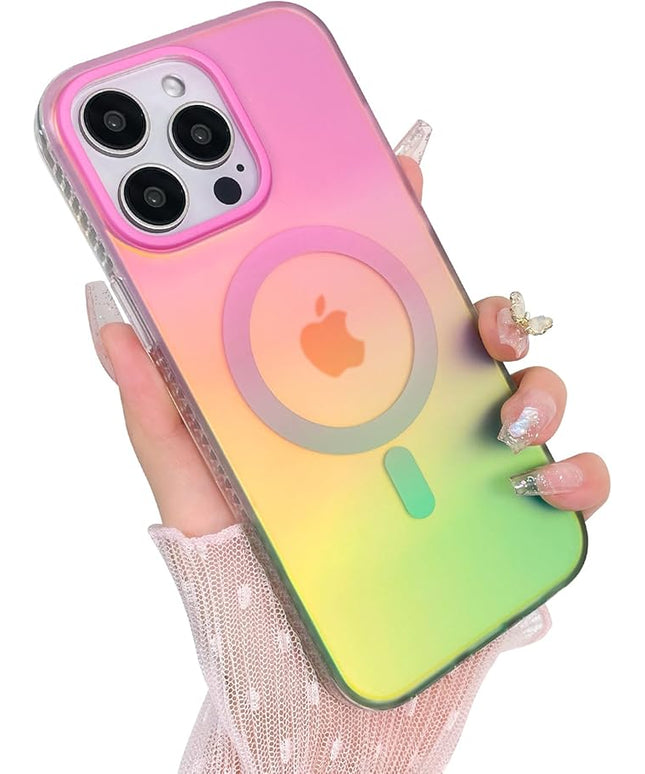 Aesthetic Case for iPhone 14 Pro Case for Women Girls, Compatible with Magsafe, Cute Girly Trendy Glitter Sparkly Rainbow Magnetic Protective Phone Cover, Matte Iridescent Pink & Green