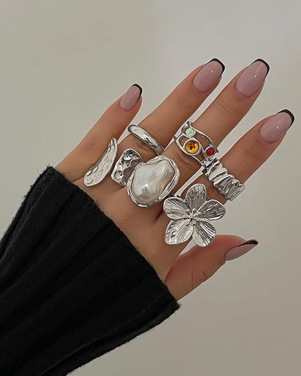 Chunky Rings for Women Adjustable Thick Rings Set Trendy Statement Stackable Ring for Women Chunky Jewlery Irregular Dome Flower Finger Knkuckle Thumb Ring