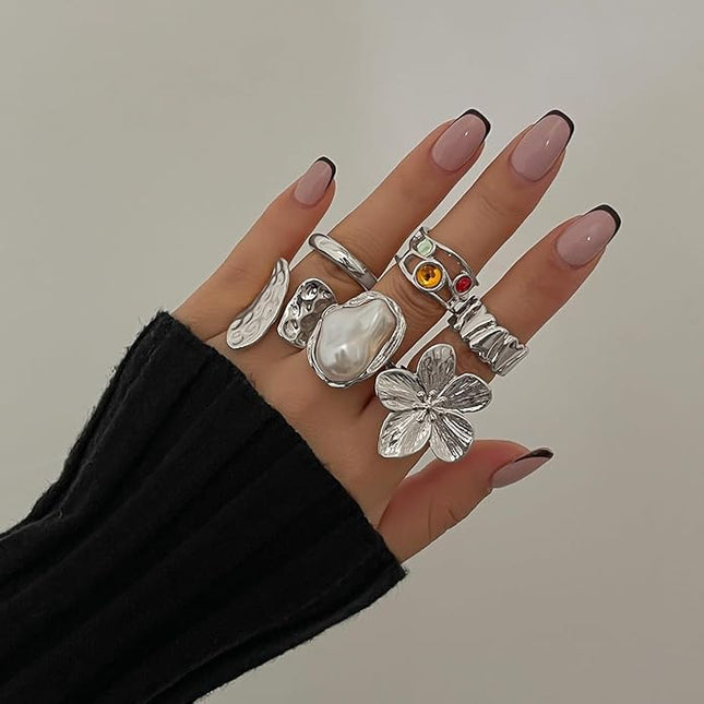 Rings for Women Adjustable Chunky Rings Set Vintage Wide Colorful Flower Stackable Ring for Women Thick Statement Ring Chunky Jewlery