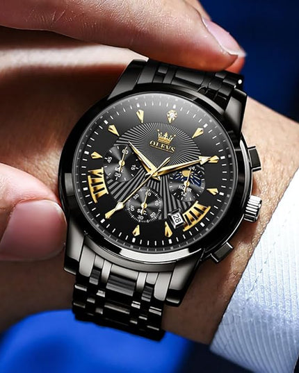 OLEVS Men's Luxury Watch Waterproof Luminous Easy Read Chronograph Watches Full Gold/White Dail/Black Face with Calendar Wristwatch