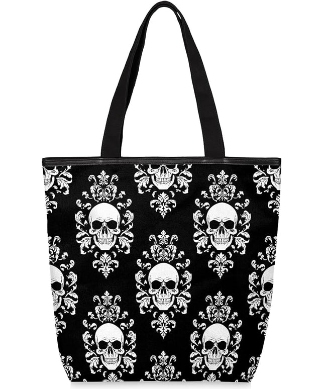 Pardick Canvas Tote Bags, Gothic Skull Tote Bag Eco Friendly Reusable Grocery Shopping Bagsfor Beach, Books, Women with Zipper Inner Pocket