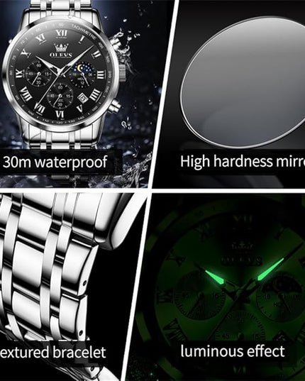 OLEVS Mens Watch Luxury Big Face Stainless Steel Analog Quartz Multifunctional Waterproof Luminous Date Two Tone Fashion Dress Wrist Watches for Man