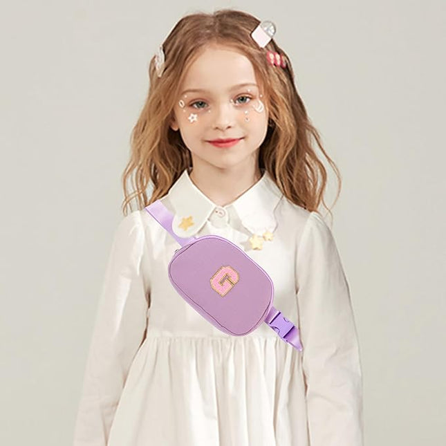 Glratn Initial Letter Patch Belt Bag Fanny Pack Crossbody Bag for Girls, Birthday Gifts for 4 5 6 7 8 9 10 11 12 13 Year Old Girls,Easter Purse Gifts for Teens Kids (Purple-W)