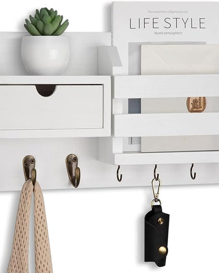 Lwenki Wall Mount Key Holder with Mail Organizer, 100% Paulownia Wood, 7 Metal Hooks, Storage Drawer, Entryway Home Decor (White)