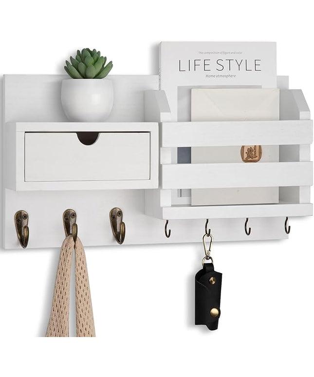 Lwenki Wall Mount Key Holder with Mail Organizer, 100% Paulownia Wood, 7 Metal Hooks, Storage Drawer, Entryway Home Decor (White)