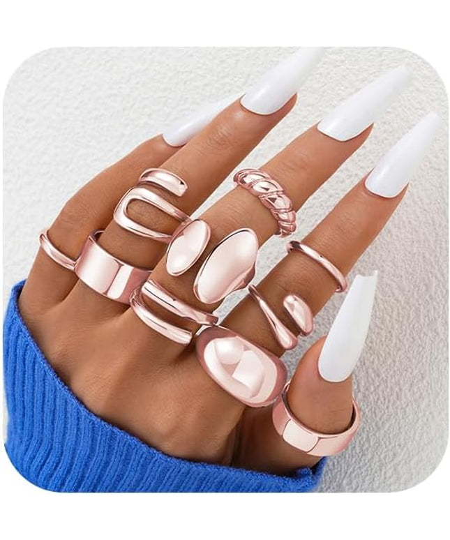 ÌF ME 10 PCS Gold Rings Set for Women Non Tarnish, 18K Gold Plated Chunky Stackable Rings, Statement Stacking Womens Ring Pack