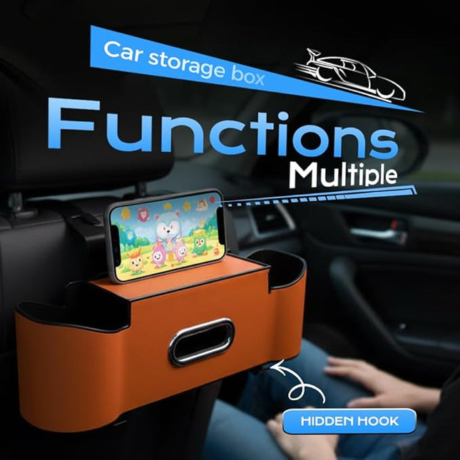 3-in-1 Car Backseat Organizer with Cup Holder, 2026 New Multifunctional Car Seat Back Storage Box with Tissue Box, Trash Bin & Hooks, Car Headrest Backseat Organizer for Snacks, Drinks (Orange)