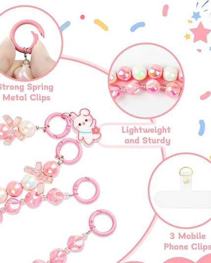 2 Pcs Phone Charm Wrist Strap with Tether Tab, Double Anti Lost Cute Beaded Wrist Lanyard, Detachable Transparent Phone Charms for Bag, Key Chains, Camera Decor