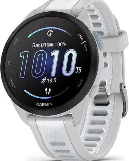 Wearable4U - Garmin Forerunner 165 Running Smartwatch, Colorful AMOLED Touchscreen, Training Metrics and Recovery Insights Includes PowerPack and Adapters Bundle, Mist Gray/Whitestone
