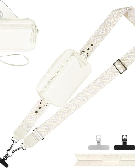 Clip and Go Strap for Phone with Wallet Crossbody, Adjustable Phone Lanyard with Detachable RFID Wristlet Wallet, Pattern Strap - Cream (L)