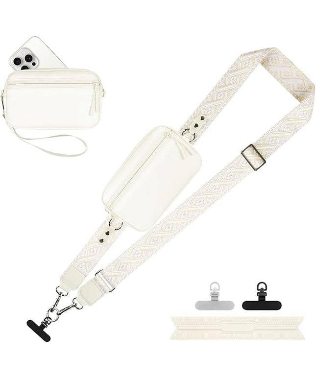Clip and Go Strap for Phone with Wallet Crossbody, Adjustable Phone Lanyard with Detachable RFID Wristlet Wallet, Pattern Strap - Cream (L)