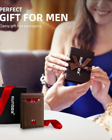 RUNBOX Wallet for Men Slim Leather Bifold RFID Blocking Minimalist Front Pocket Design with Gift Box